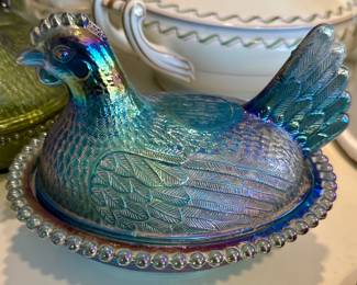 Iridescent Carnival Glass Hen