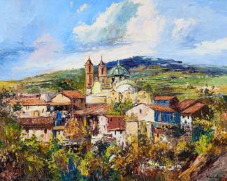 Jose Vives-Atsara (Spain / San Antonio, Texas, 1919-2004), view of the Church of Santa Prisca de Taxco in Mexico, oil on masonite