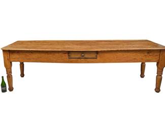 Antique Mexican trestle table featuring a single drawer, raised on turned legs, circa 19th century, height 30 in. x width 106 in. x depth 36 in.