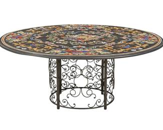 Inlaid Stone Table with Scrolled Metal Base