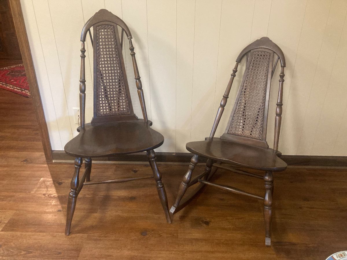 Rare 1940s Walnut & Cane matching chair and rocker.  $800 pair