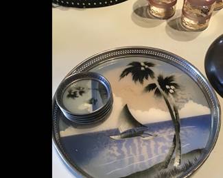 Vintage Japanese Coastal Tray and Coaster Set
