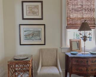 vintage tortoise bamboo table, pair of skirted chairs, bombe chest with marble top, vintage maps