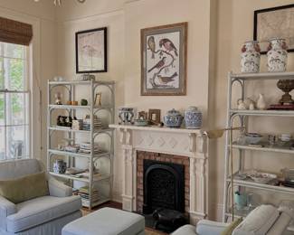 pair of matching rattan shelves, light blue upholstered chairs, many smalls (chandelier NFS)