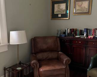 gentleman's study: leather club chair, books, maps, collectibles, etc. 