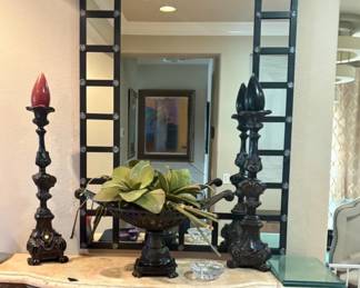 Wrought Iron & Marble Console Table Stunning entryway console with an ornate wrought iron scrollwork base and marble top. A designer-quality statement piece.
