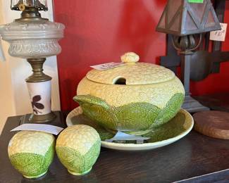 Ceramic city cauliflower salt and pepper shakers, platter, and soup tureen