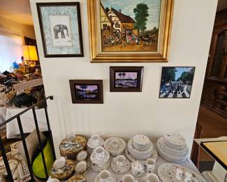 Framed artwork & vintage china sets.