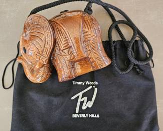 Timmy Woods Beverly Hills elephant-shaped hand-carved wooden handbag.