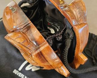 Timmy Woods Beverly Hills elephant-shaped hand-carved wooden handbag.