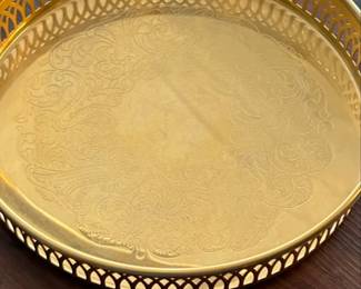 Vintage Brass Decorative Serving Tray with Handle and Filigree Edge fifth image