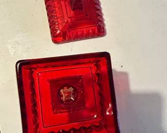 Ruby Red Glass Moon and Stars Pattern Pedestal Candy Dish with Lid second image