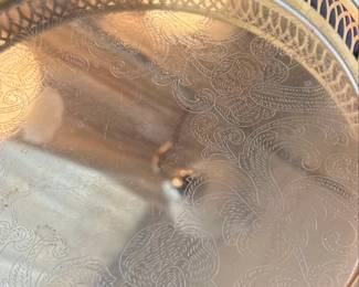 Vintage Brass Decorative Serving Tray with Handle and Filigree Edge second image