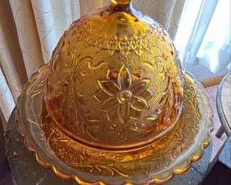 Amber Glass Tiara Sandwich Pattern Covered Butter Dish