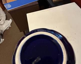 Vintage Cobalt Blue Porcelain Pitcher with Floral and Pheasant Motif third image