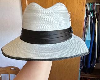 Womens White Woven Fedora Hat with Black Ribbon and Pearl Detail