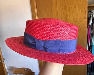 Red Straw Boater Hat with Blue Ribbon