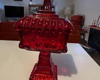 Ruby Red Glass Moon and Stars Pattern Pedestal Candy Dish with Lid