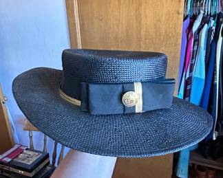 Vintage Straw Boater Hat with Ribbon and Emblem