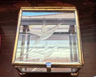 Vintage Etched Glass and Brass Hinged Trinket Box with Floral or Avian Motif