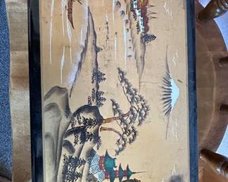 Japanese Landscape Painting on Wood Panel