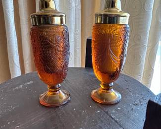 Tiara Indiana Glass Amber Sandwich Pattern Salt and Pepper Shakers