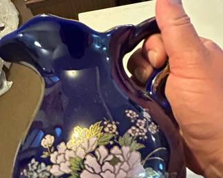 Vintage Cobalt Blue Porcelain Pitcher with Floral and Pheasant Motif second image