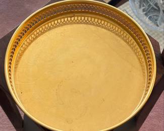 Vintage Brass Decorative Serving Tray with Handle and Filigree Edge