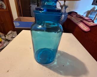 Vintage Blue Glass Apothecary Jar with Faceted Lid