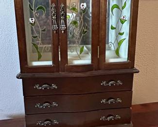 Vintage Wooden Jewelry Armoire with Floral Stained Glass and Painted Oval Insert