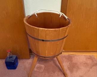 Vintage Wooden Firkin Bucket with Tripod Stand