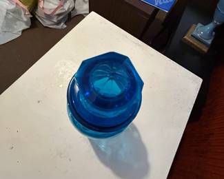 Vintage Blue Glass Apothecary Jar with Faceted Lid second image