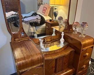 Art Deco Waterfall Vanity Dresser with Mirror and Stool