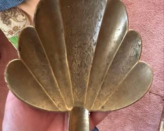 Vintage Brass FanShaped Trinket Dish with Etched Motifs