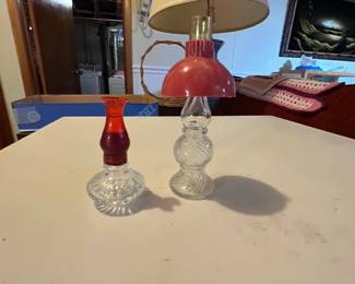 Pair of Vintage Lander Glass Oil Lamps with Red Accents second image