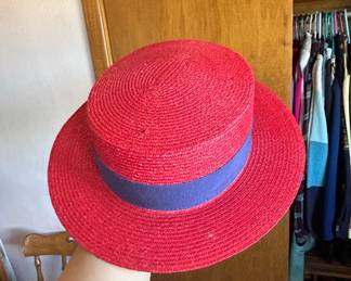 Red Straw Boater Hat with Blue Ribbon second image
