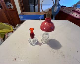 Pair of Vintage Lander Glass Oil Lamps with Red Accents