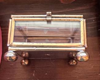 Vintage Etched Glass and Brass Hinged Trinket Box with Floral or Avian Motif second image