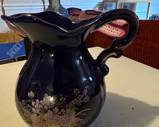 Vintage Cobalt Blue Porcelain Pitcher with Floral and Pheasant Motif