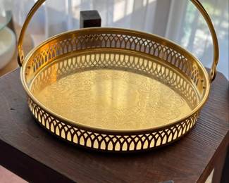 Vintage Brass Decorative Serving Tray with Handle and Filigree Edge fourth image