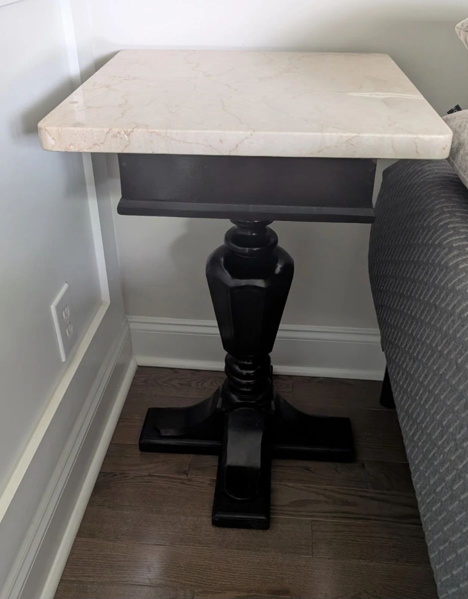 Item #110  Antique side tables with marble tops $188 each..two available 