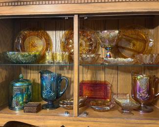 Indian Glass Amber and Blue Grape Carnival Glass, Amber Tiara Round Platter, Divided Platter and Devil Egg Dish