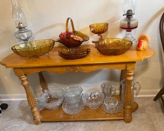 Oak Sofa Table and Glassware
