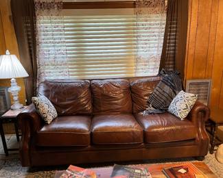 Leather Couch, Marble Top Side Table