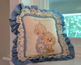 Precious Moments cross-stitched throw pillow
