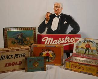 Vintage Maestro cardboard store display, Cremo, Ben Bey cigar boxes