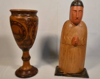 Vtg folk art - teak urn and praying monk