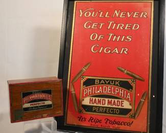 Vintage Bayuk Philadelphia Perfecto cigar box and framed store poster