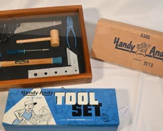 Vintage Handy Andy tool set in framed assembly, with original box