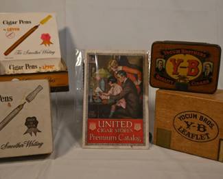 Antique cigar catalog, vintage cigar pens with original store display, Y-B cigar boxes